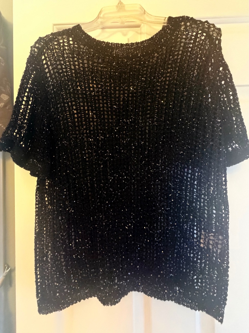 Bar III Black Open-Knit Short Sleeve Top